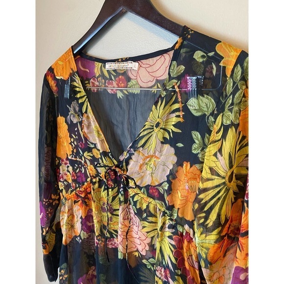 Vintage Y2K Boho Lemon Collection Floral Sheer Deep V Mini Dress Swim coverup - Picture 5 of 16